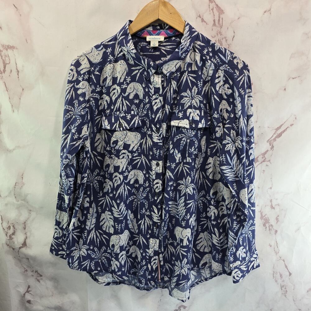 Sundance Shirt Womens Large Blue Long Sleeve Button Up Elephant Jungle Monstera